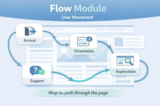 Flow module diagram showing user movement through a page with icons and text labels.