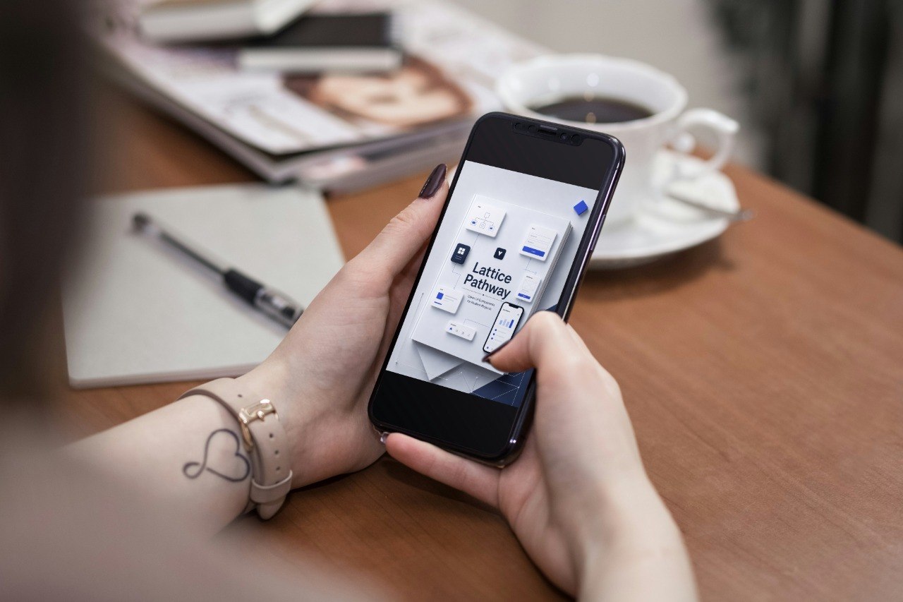 Person holding a smartphone with an app open on a table with a notebook and coffee cup.