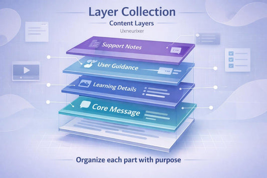 Layered content structure with labels on a light blue background