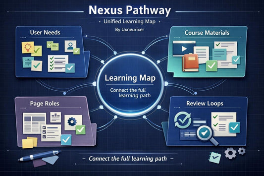 Nexus Pathway Unified Learning Map by Uxnextier with various elements on a dark background