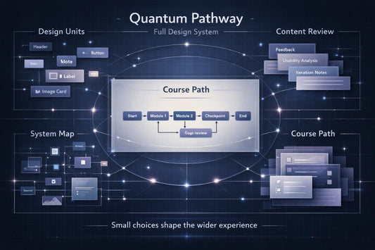 Diagram of a quantum pathway design system with various components on a dark background