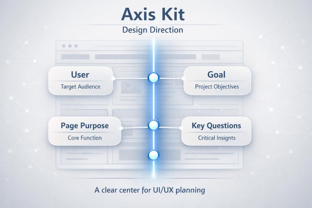 Axis Kit design direction diagram with user, target audience, page purpose, goal, and key questions on a light gray background.
