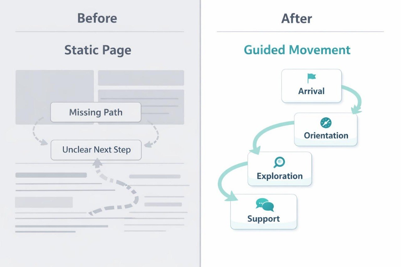 Comparison of a static page layout with guided movement steps on a white background.