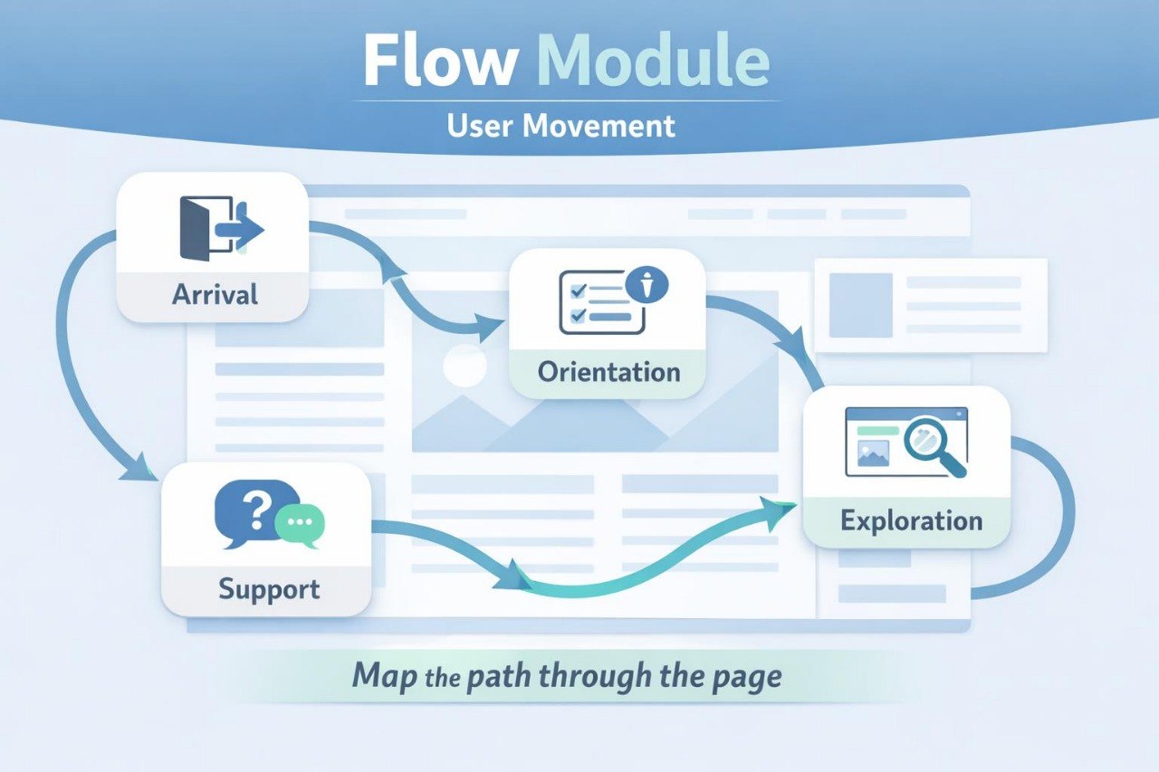 Flow module diagram showing user movement through a page with icons and text labels.
