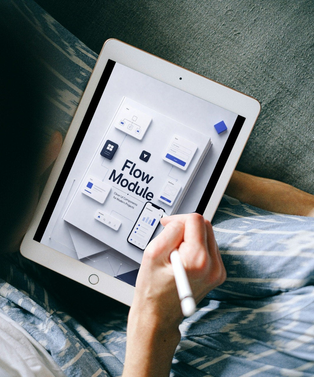 Person holding a tablet with 'Flow Module' app interface on a textured surface