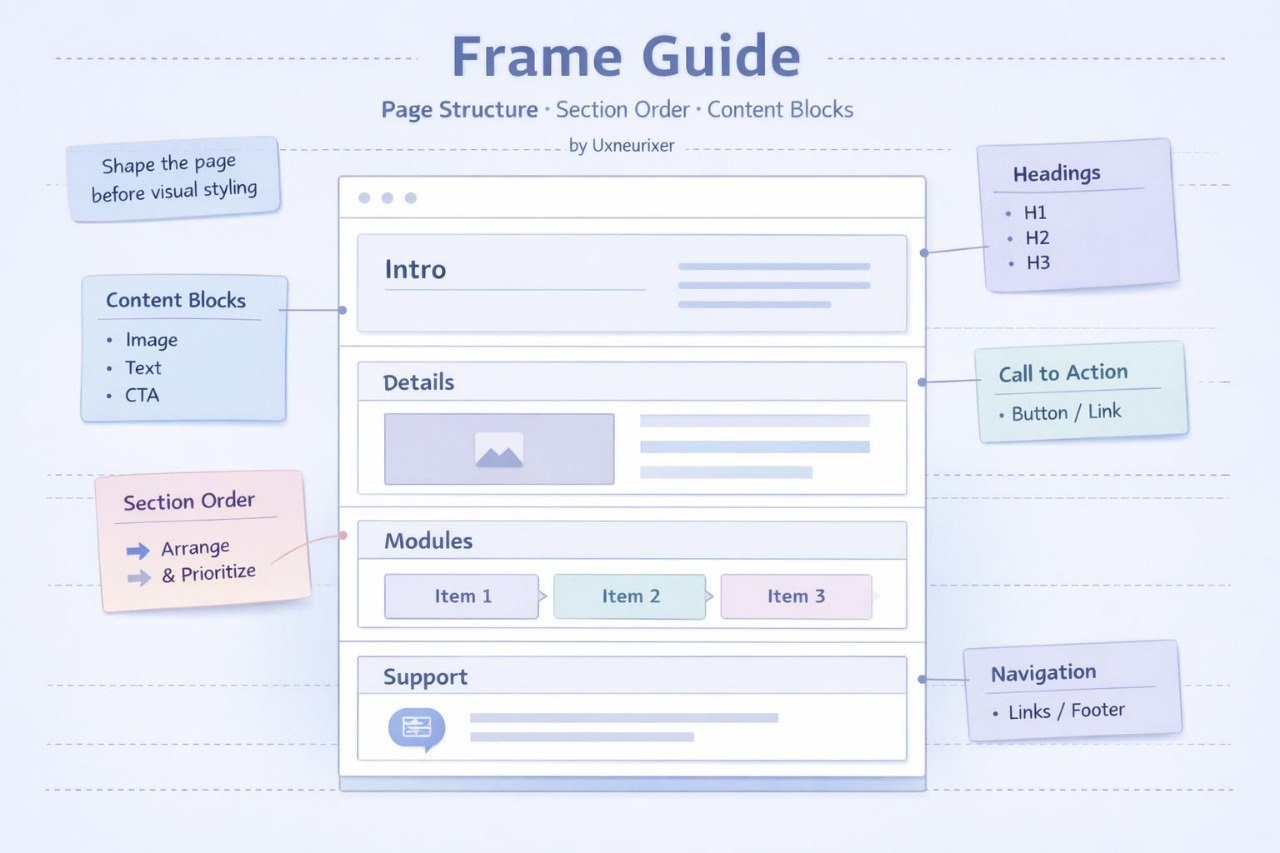 Diagram of a web page structure guide with sections like 'Intro', 'Details', 'Modules', and 'Support'.