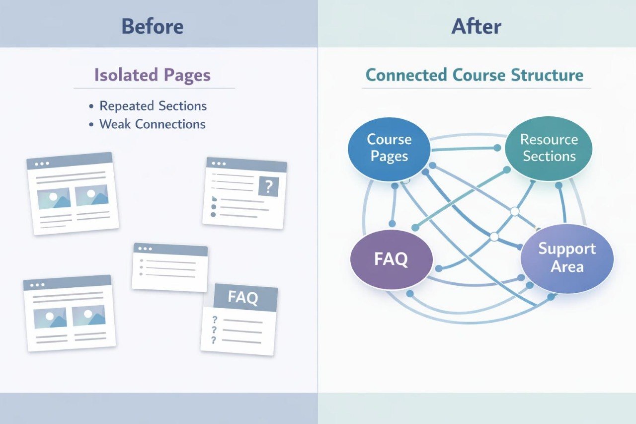 Comparison of isolated pages to a connected course structure with labeled components.