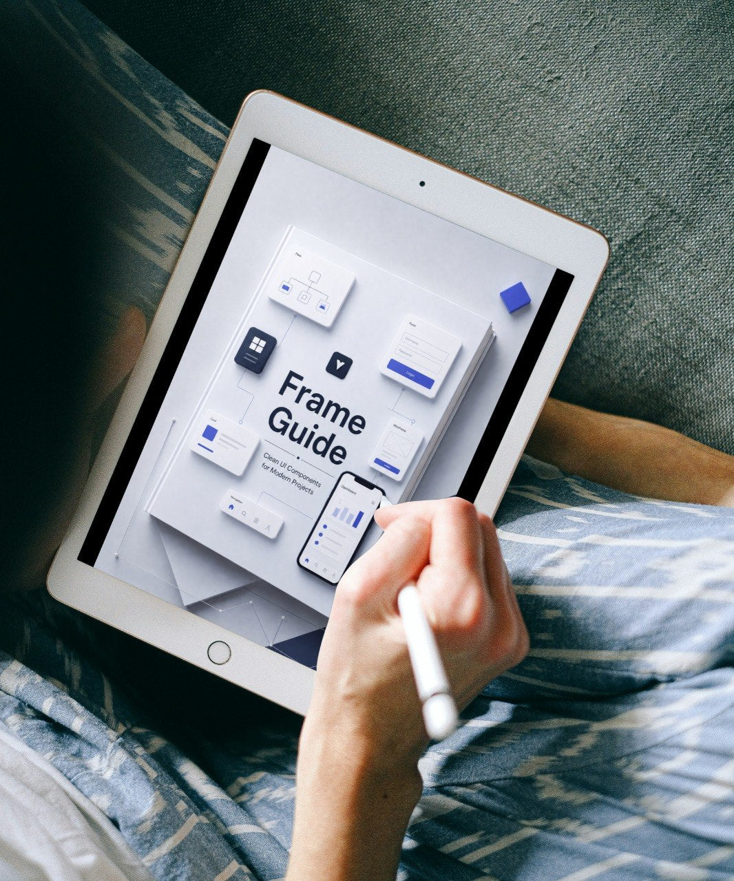 Person holding a tablet with a 'Frame Guide' displayed on the screen, sitting on a bed.