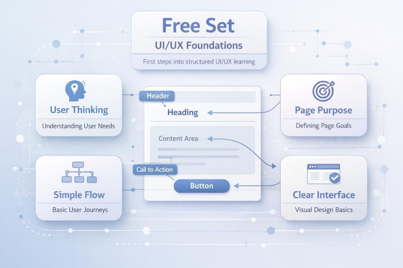Diagram of UI/UX foundations with labeled components on a light blue background