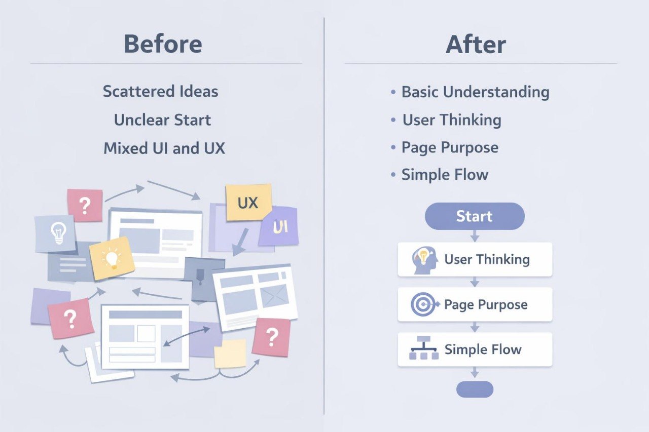 Comparison chart titled 'Before' and 'After' with UX/UI elements and text on a light purple background.