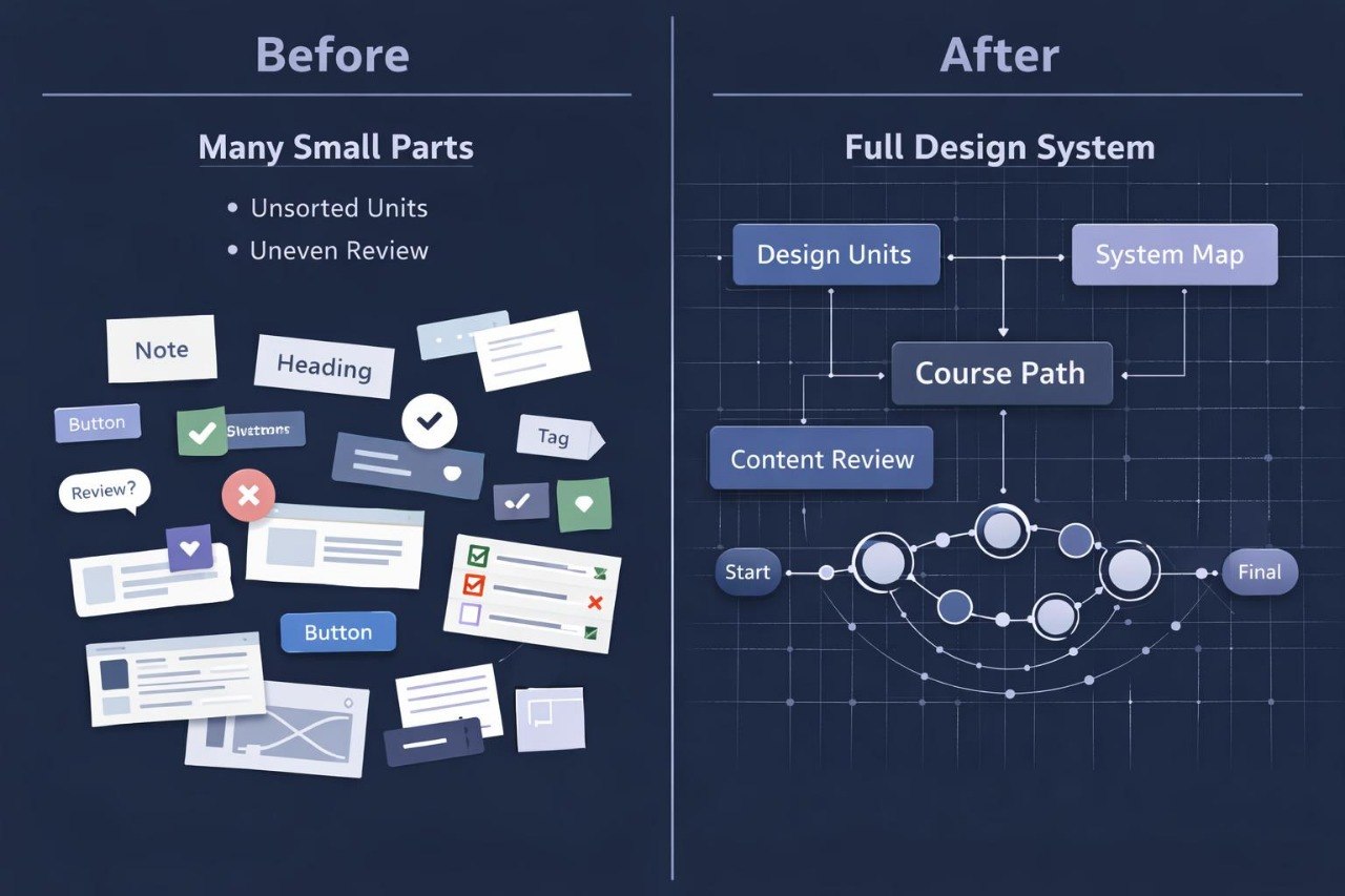 Comparison of 'Before' and 'After' design system diagrams on a dark background.