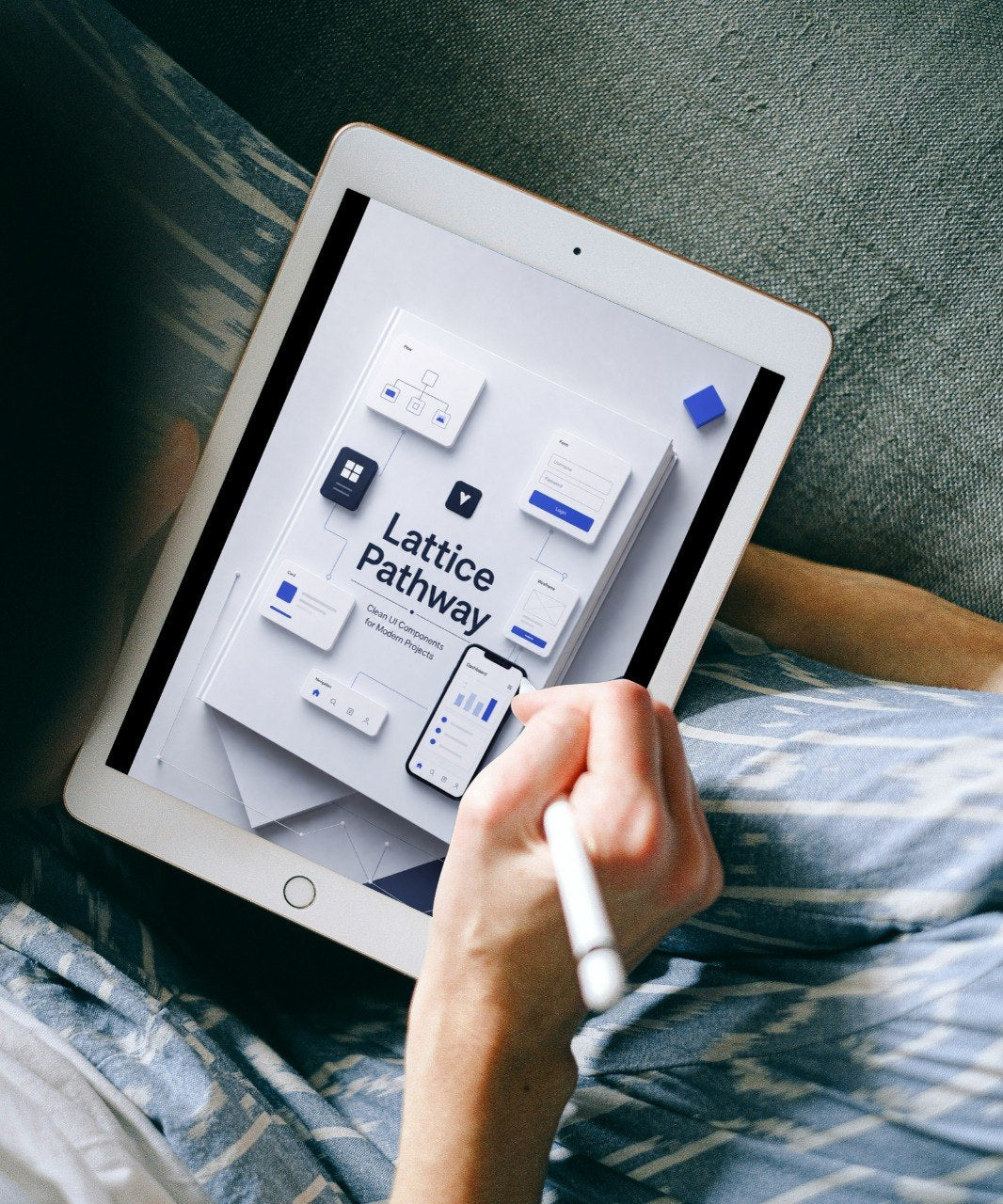 Person using a tablet with a screen displaying 'Lattice Pathway' on a bed.
