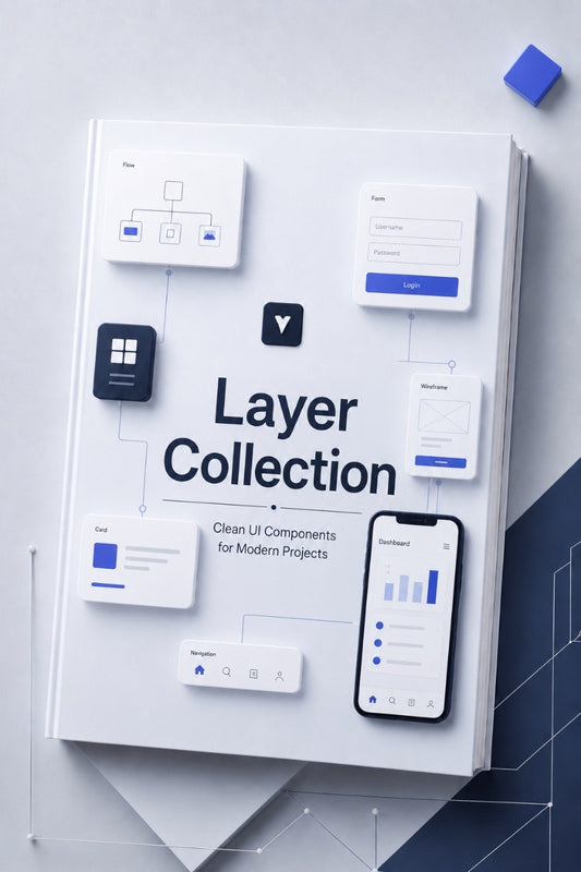 Book titled 'Layer Collection' with UI components on a white background