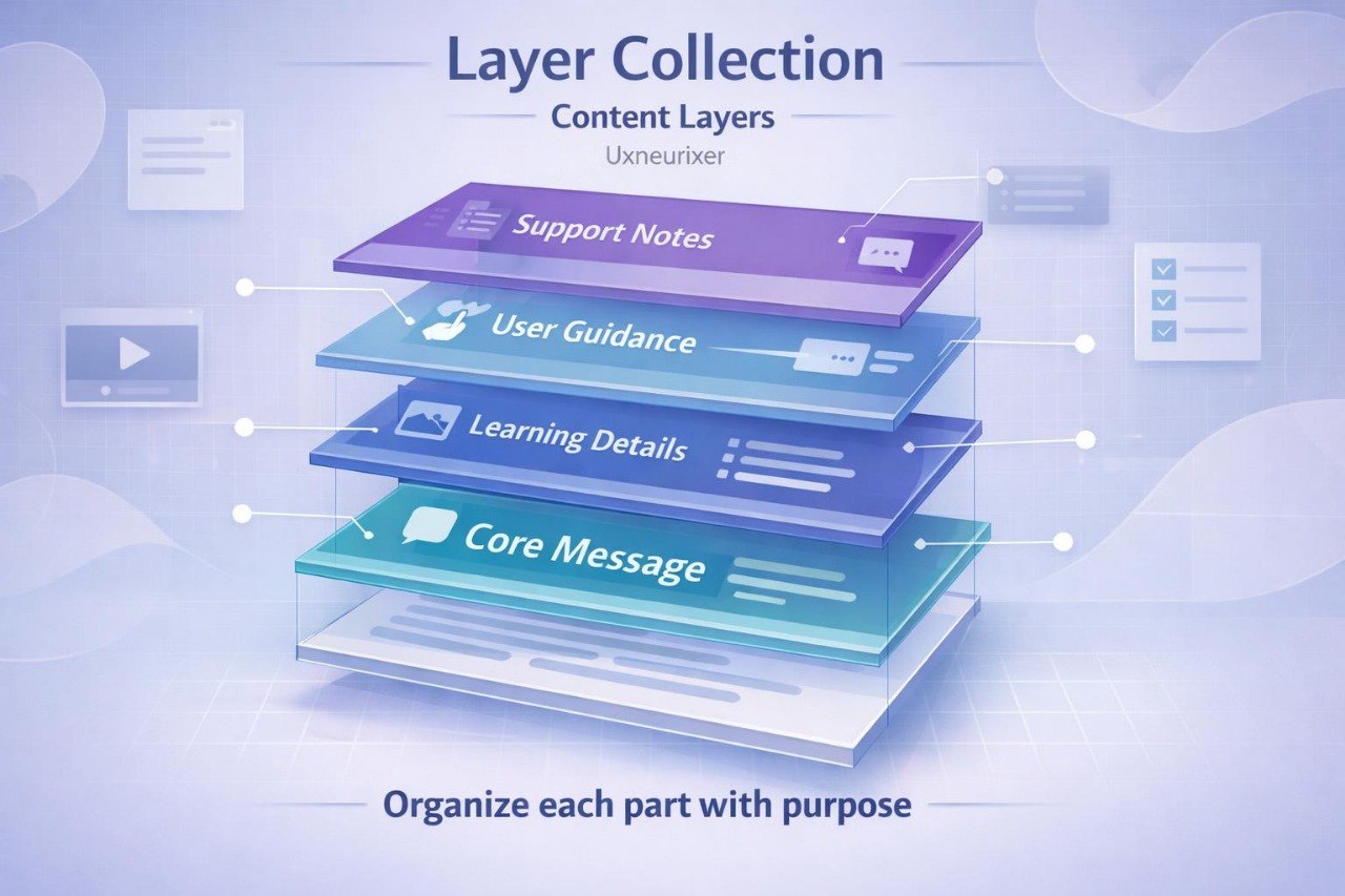 Layered content structure with labels on a light blue background