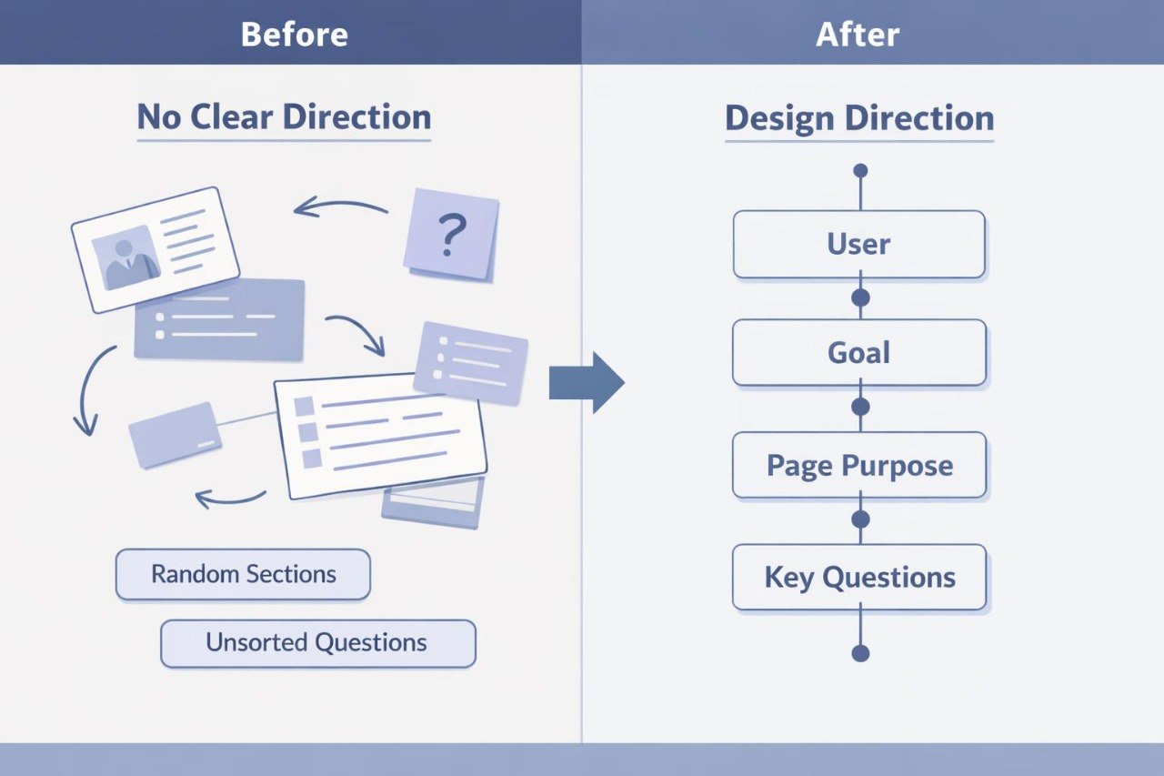 Before and after comparison of a design process flowchart with clear direction and user-centered approach.