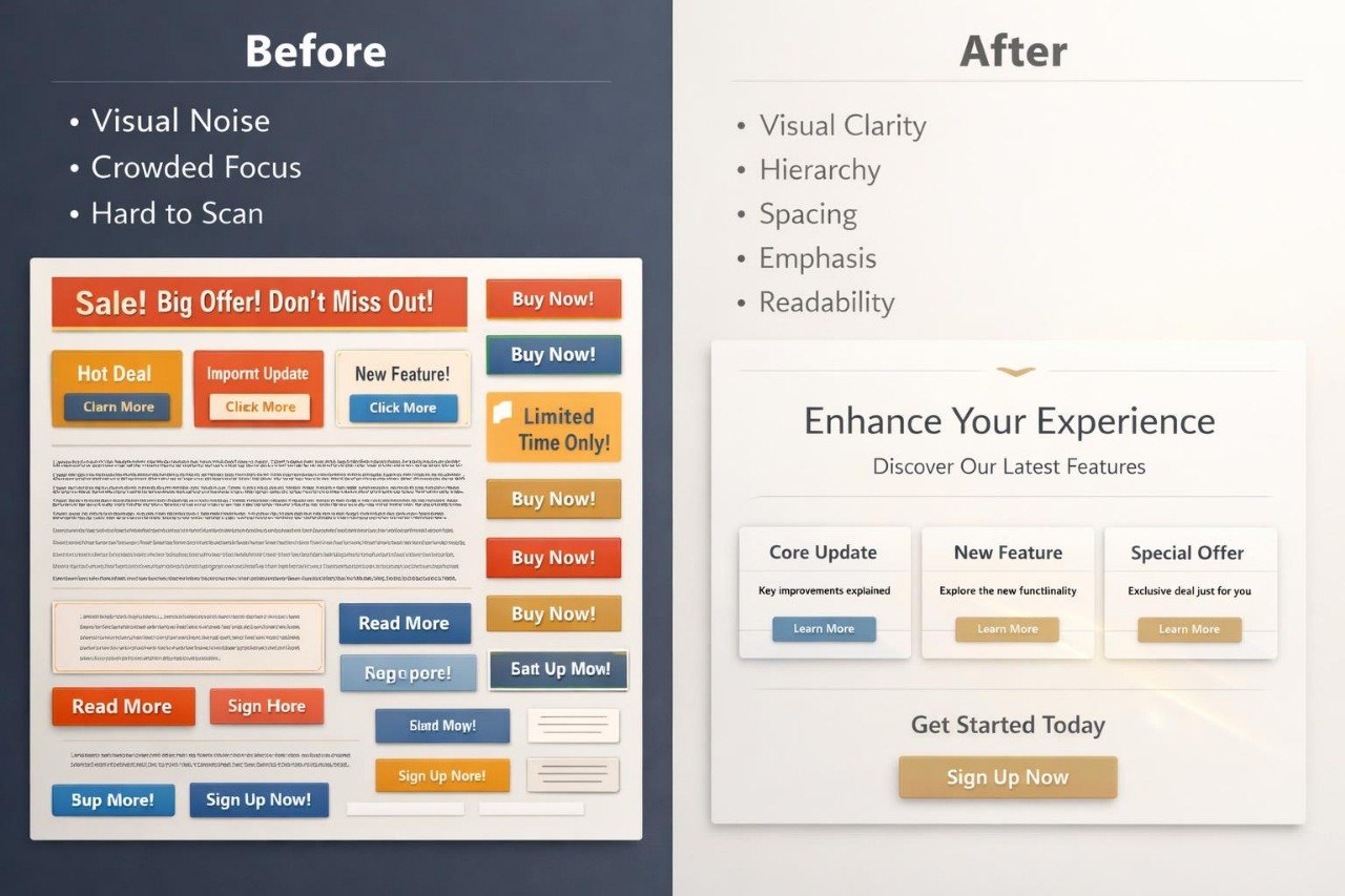 Comparison of a website layout 'Before' and 'After' with visual improvements.