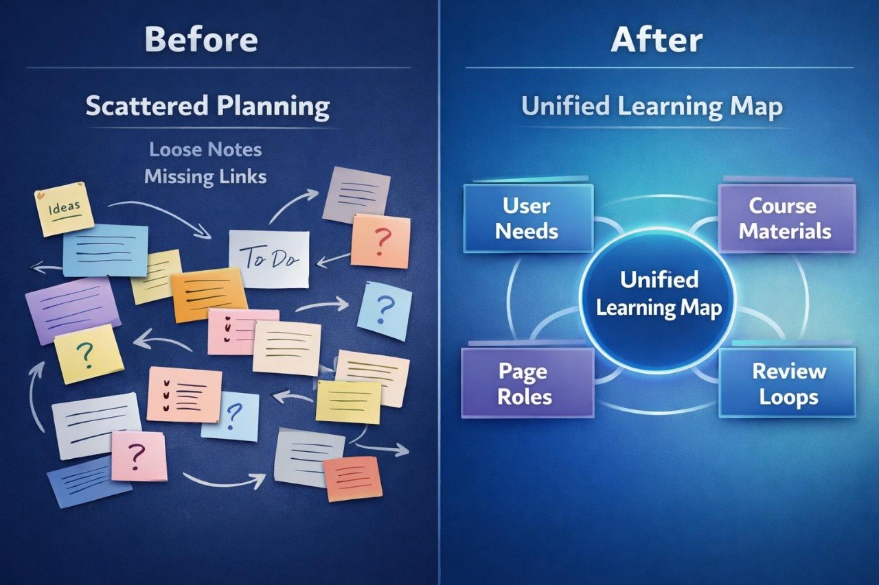 Comparison of scattered planning with a unified learning map on a blue background