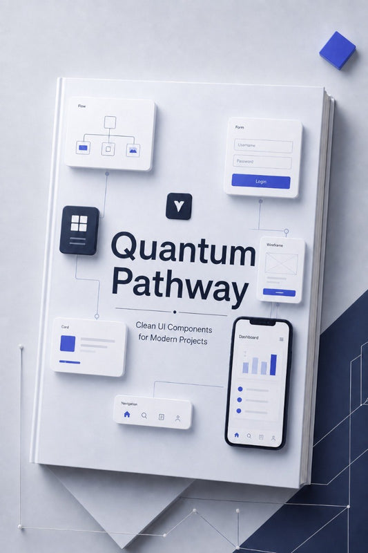 Book titled 'Quantum Pathway' with UI components on a white background