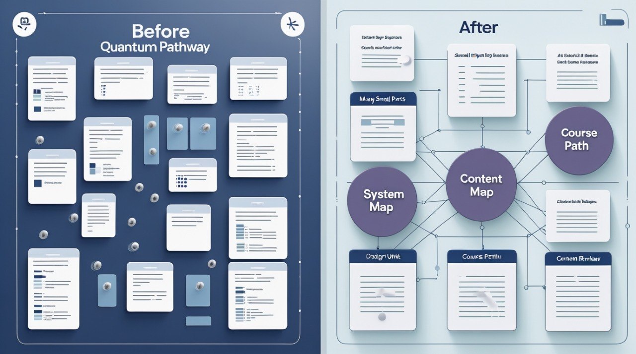 Comparison of 'Before' and 'After' design maps with Quantum Pathway branding.