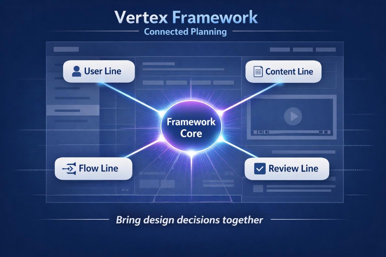 Diagram of Vertex Framework Connected Planning with core and four lines on a dark blue background