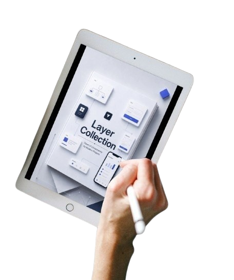 Hand holding a tablet displaying a 'Layer Collection' on a white background