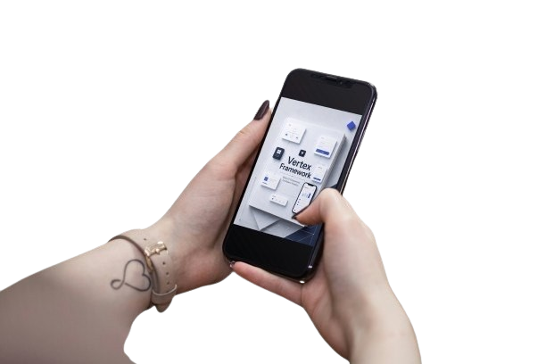 Person holding a smartphone with a white screen on a white background
